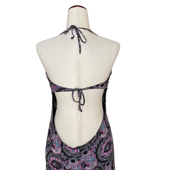 Vtg 00s Y2K Princess Bebe Halter Asymmetric Open Back Midi Dress L V Neck Fringe - Picture 6 of 13